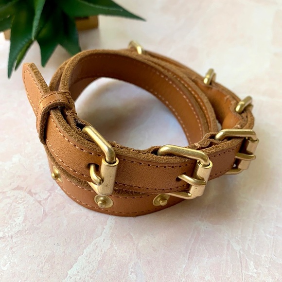 J. Crew Tan Leather Gold Buckle Adjustable Snap Thin Belt Sz M